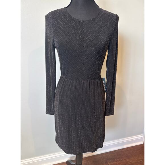 ModCloth Shimmer Metallic On Show Faux Wrap Dress Black Women's XS NWT - Picture 1 of 10